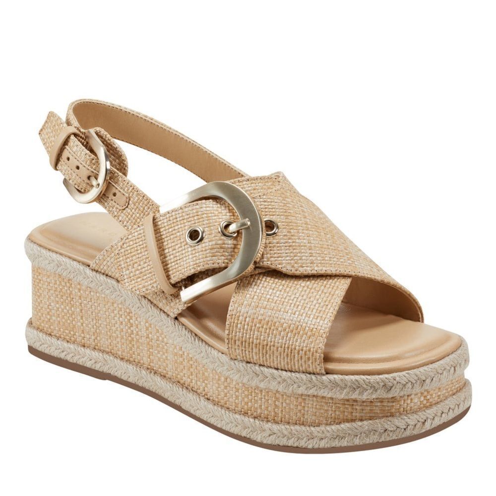 Marc Fisher Natural Raffia Wedge Sandals with Gold Buckle
